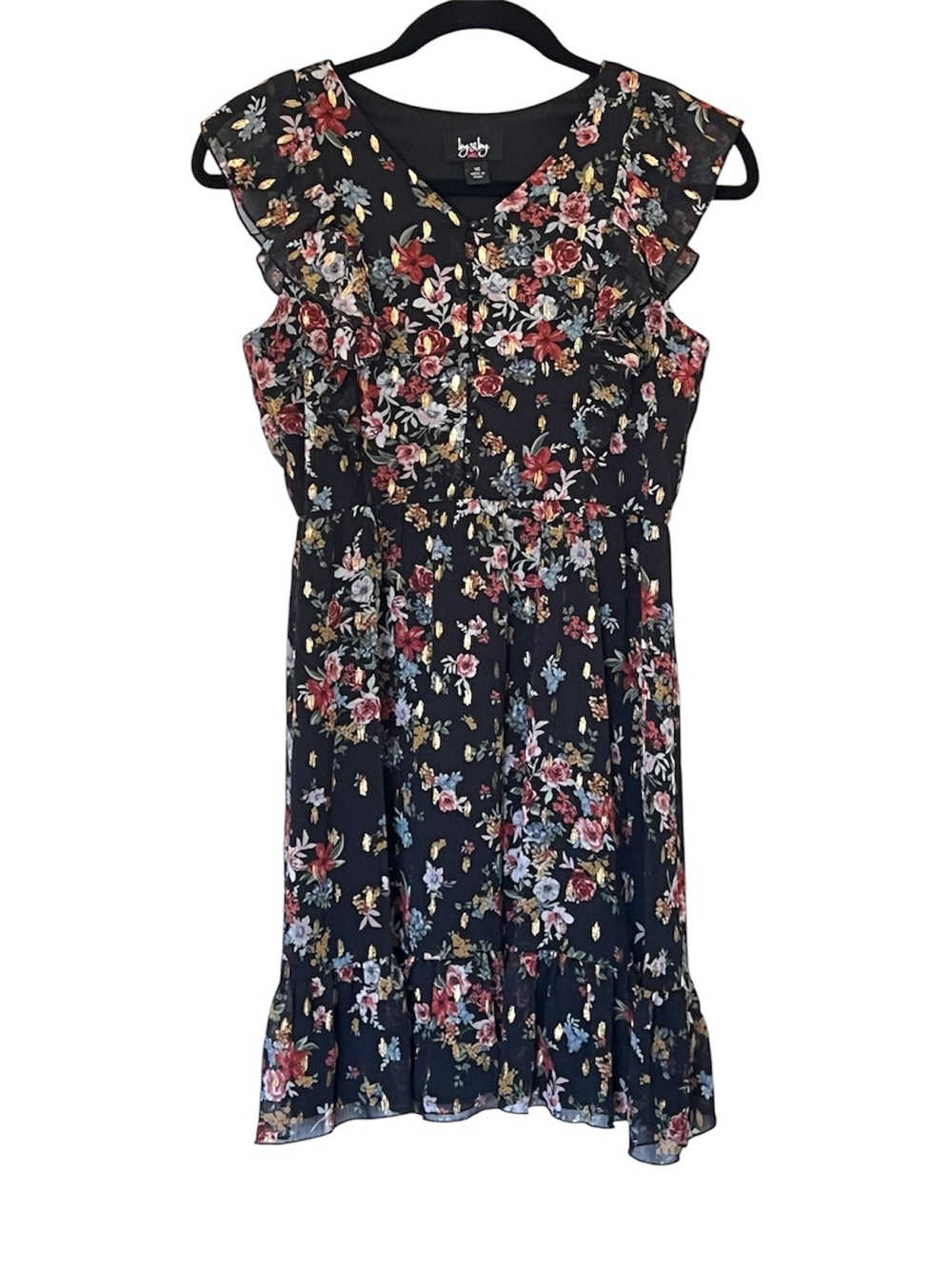By & By Girl Black Floral Ruffle-Sleeve Dress with Gold Accents